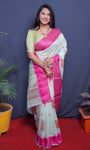 White And Pink Handloom Linen Silk Saree With Silver Zari Weaving