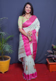 White And Pink Handloom Linen Silk Saree With Silver Zari Weaving