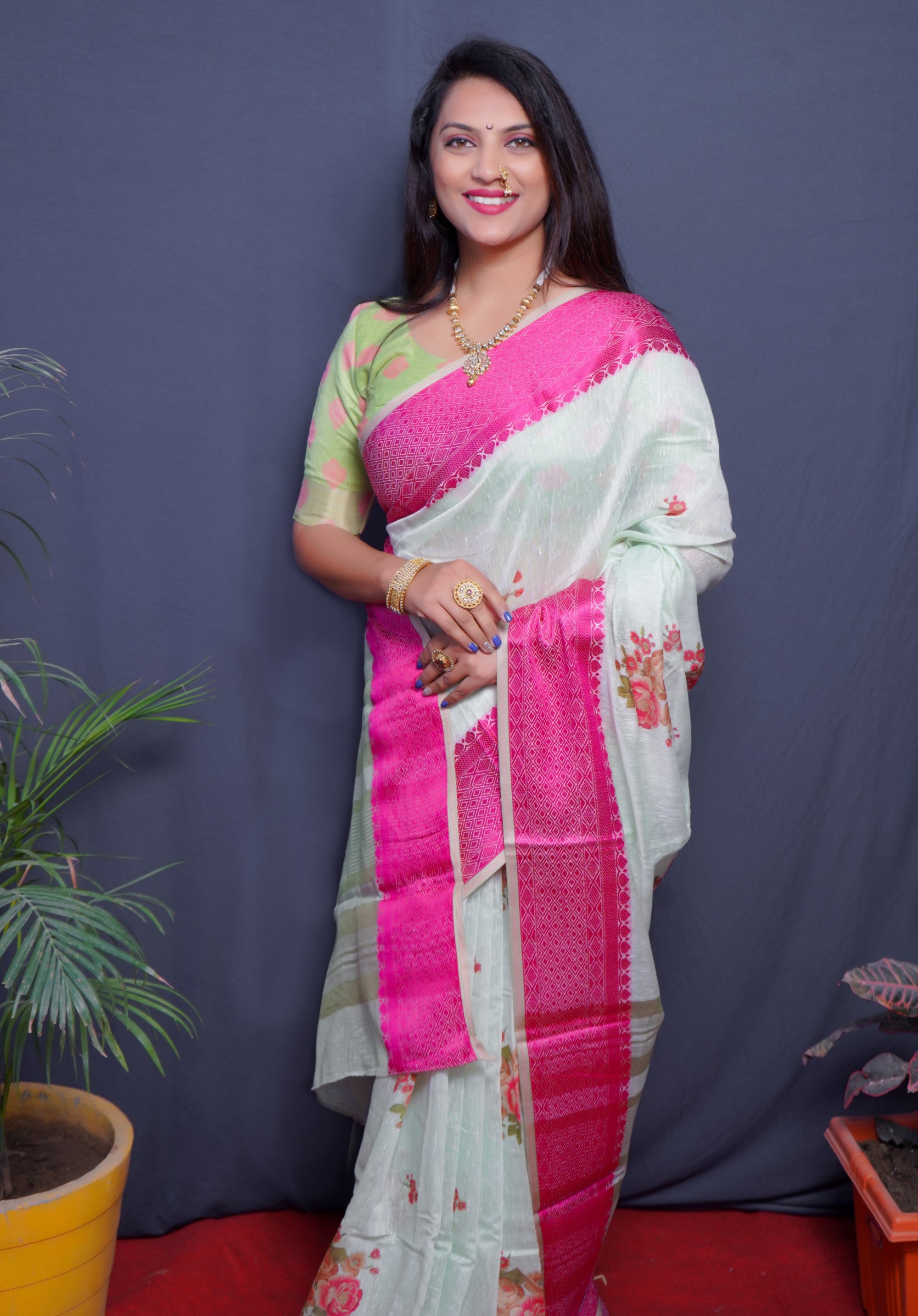 White And Pink Handloom Linen Silk Saree With Silver Zari Weaving