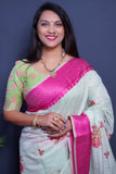 White And Pink Handloom Linen Silk Saree With Silver Zari Weaving