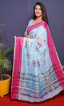 Sky And Pink Handloom Linen Silk Saree With Silver Zari Weaving