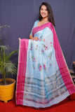 Sky And Pink Handloom Linen Silk Saree With Silver Zari Weaving