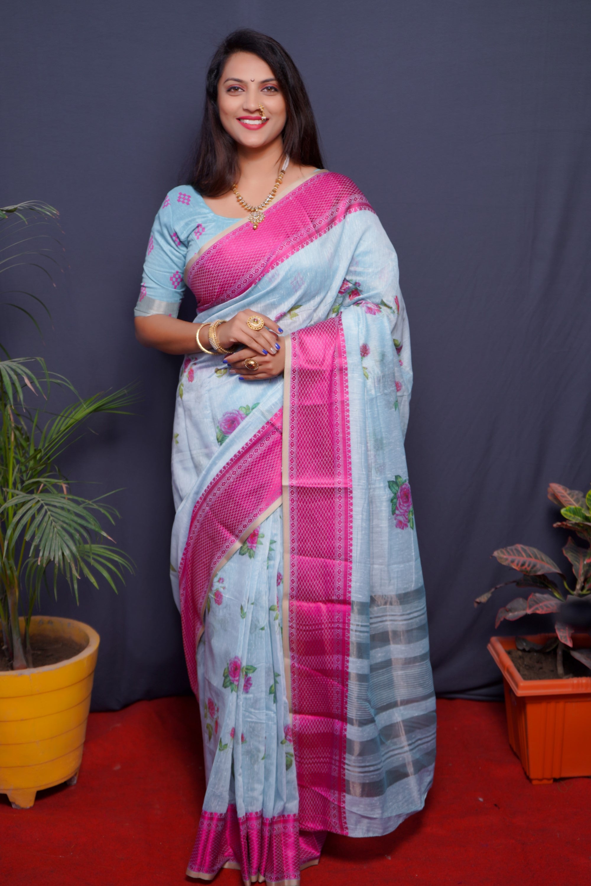 Sky And Pink Handloom Linen Silk Saree With Silver Zari Weaving