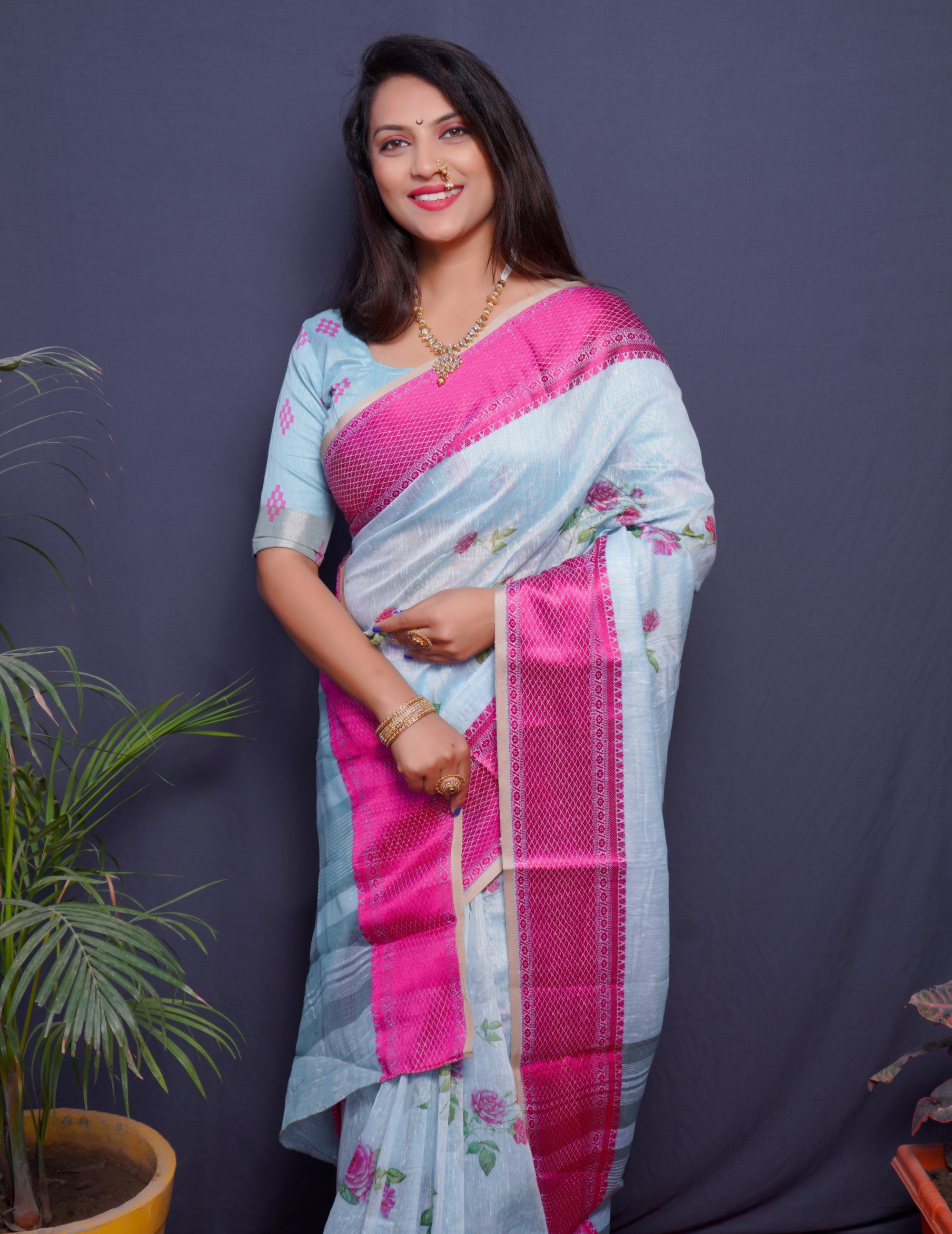 Sky And Pink Handloom Linen Silk Saree With Silver Zari Weaving