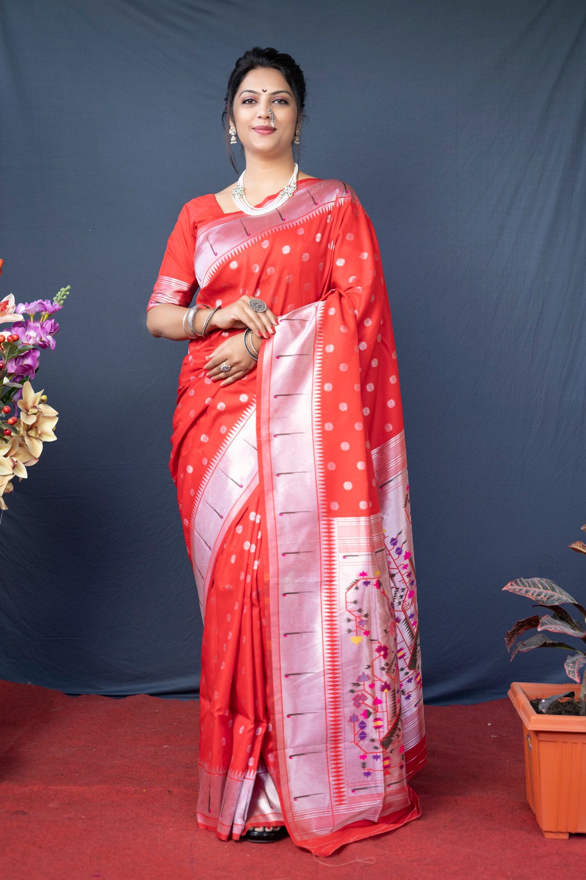 Red Beautiful Soft Pure Silk Paithani Saree With Zari Weaving