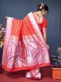 Red Beautiful Soft Pure Silk Paithani Saree With Zari Weaving