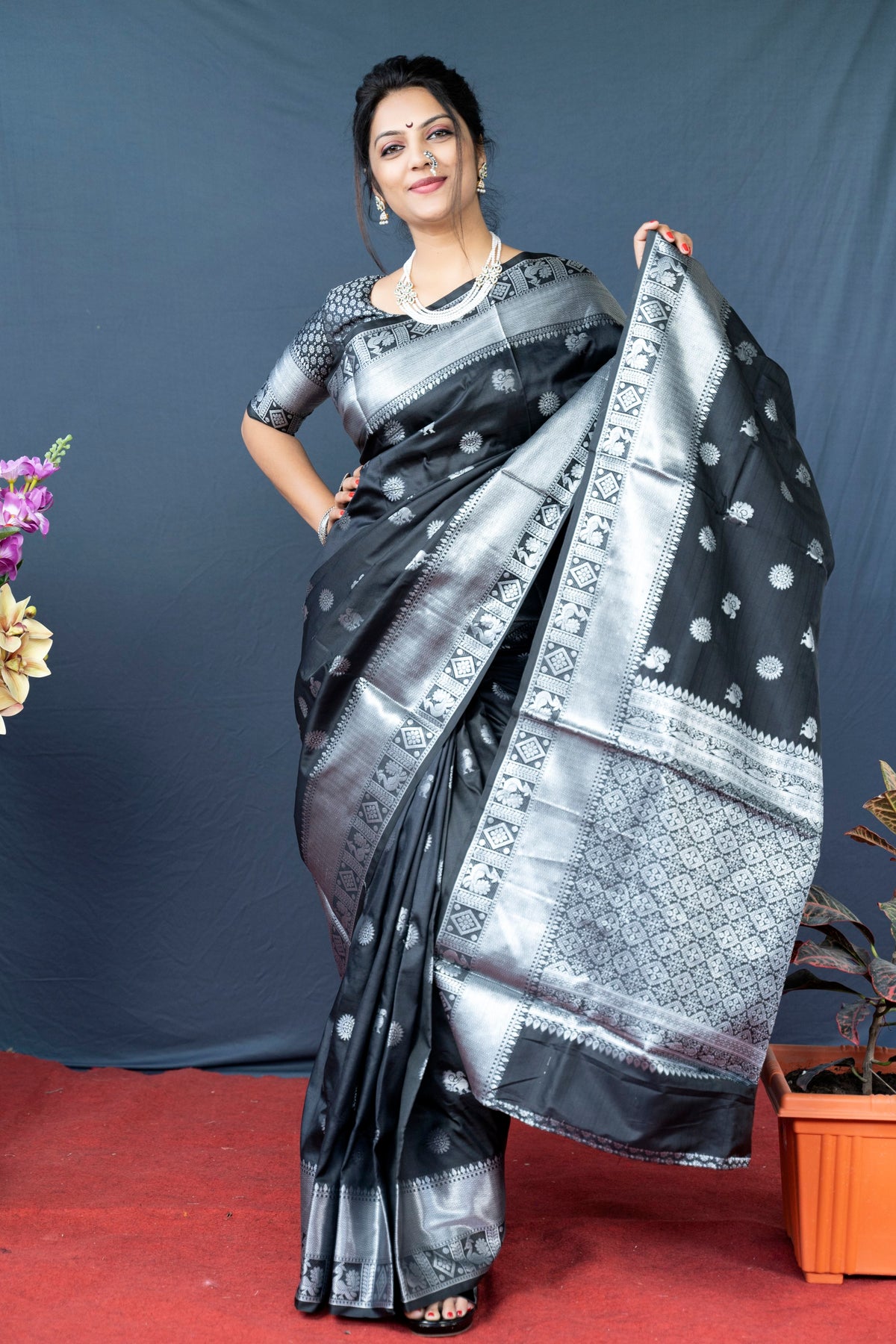 Black Lichi Soft Silk Banarasi Saree With Silver Zari Weaving