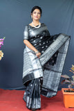 Black Lichi Soft Silk Banarasi Saree With Silver Zari Weaving