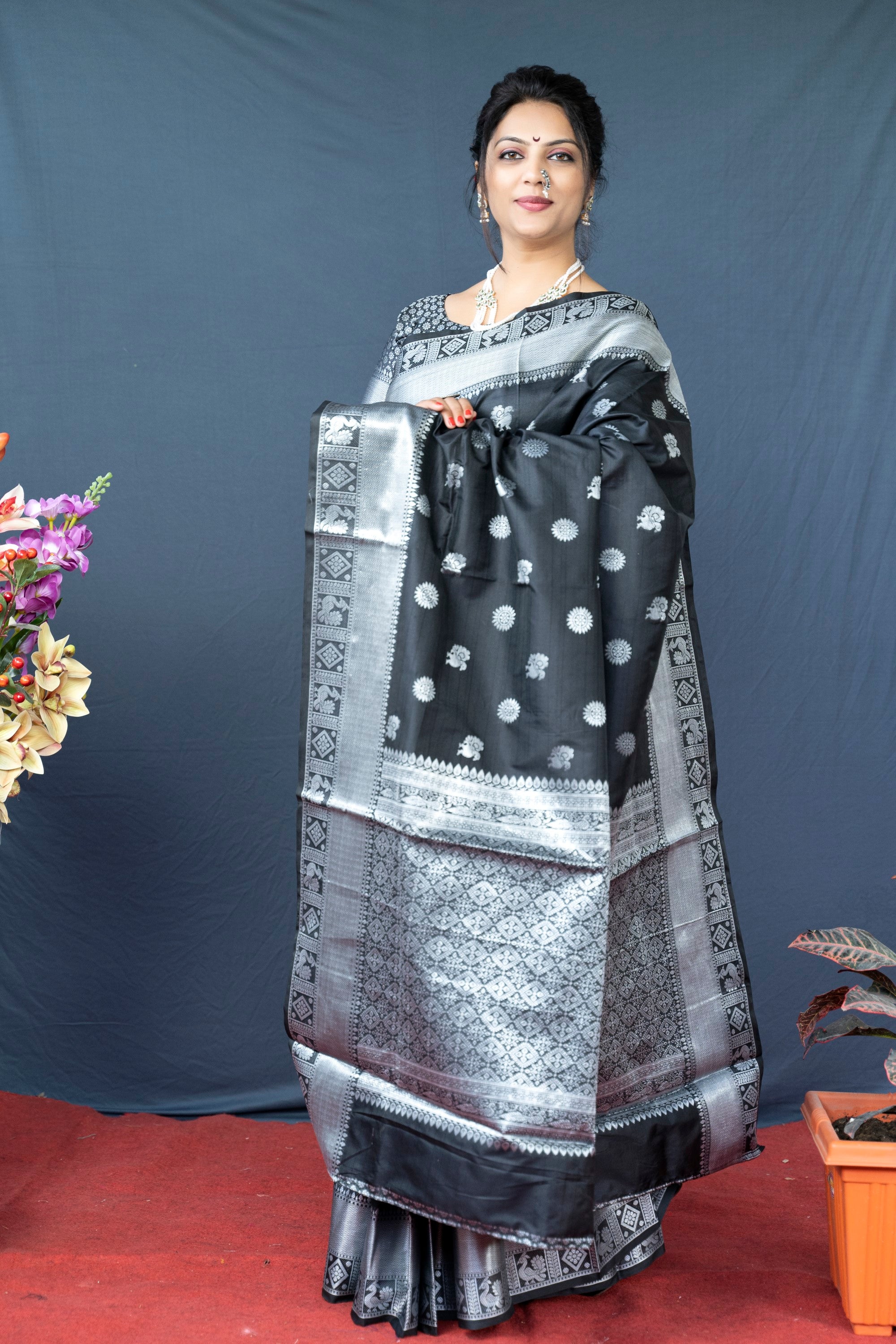 Black Lichi Soft Silk Banarasi Saree With Silver Zari Weaving