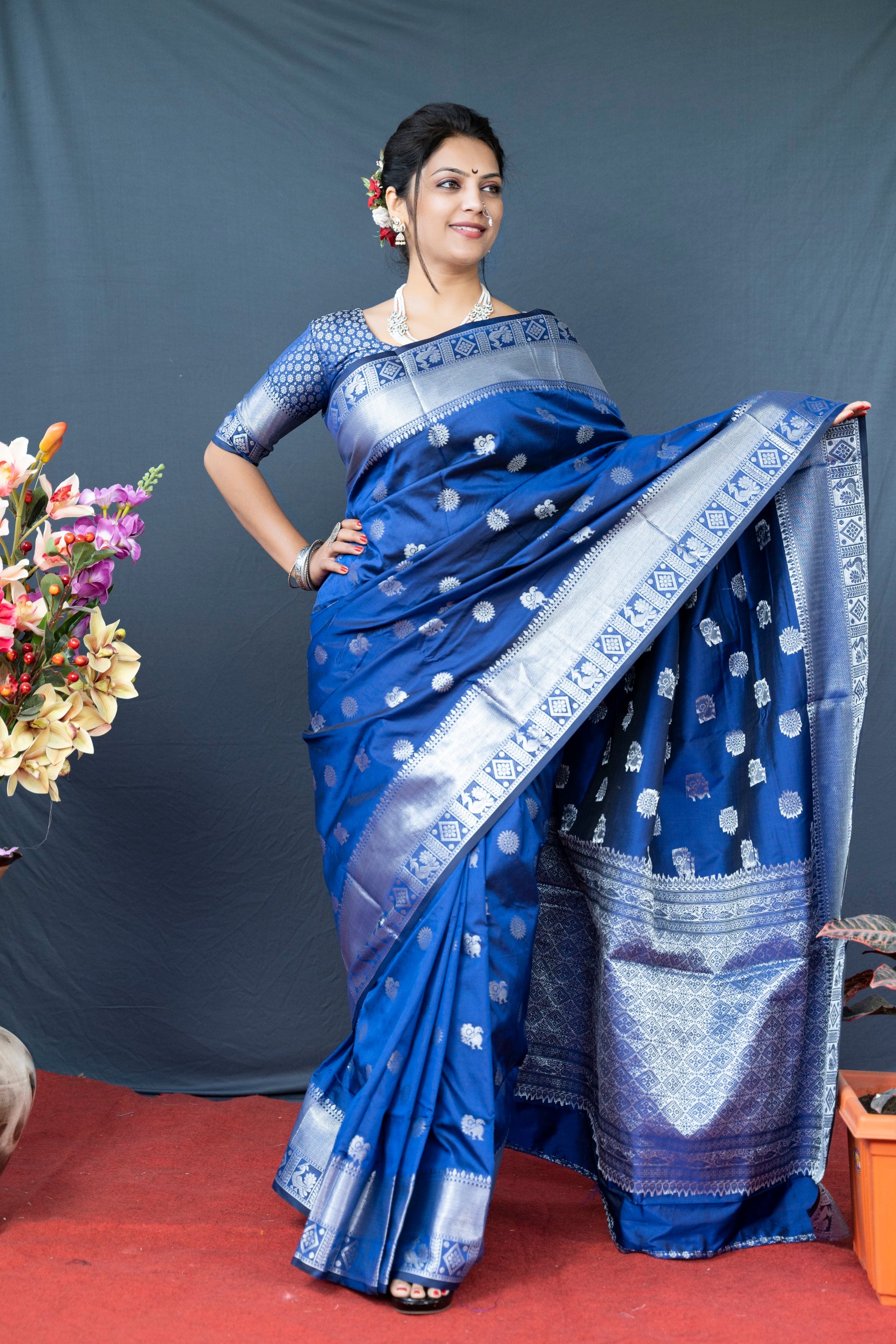 Royal Blue Lichi Soft Silk Banarasi Saree With Silver Zari Weaving