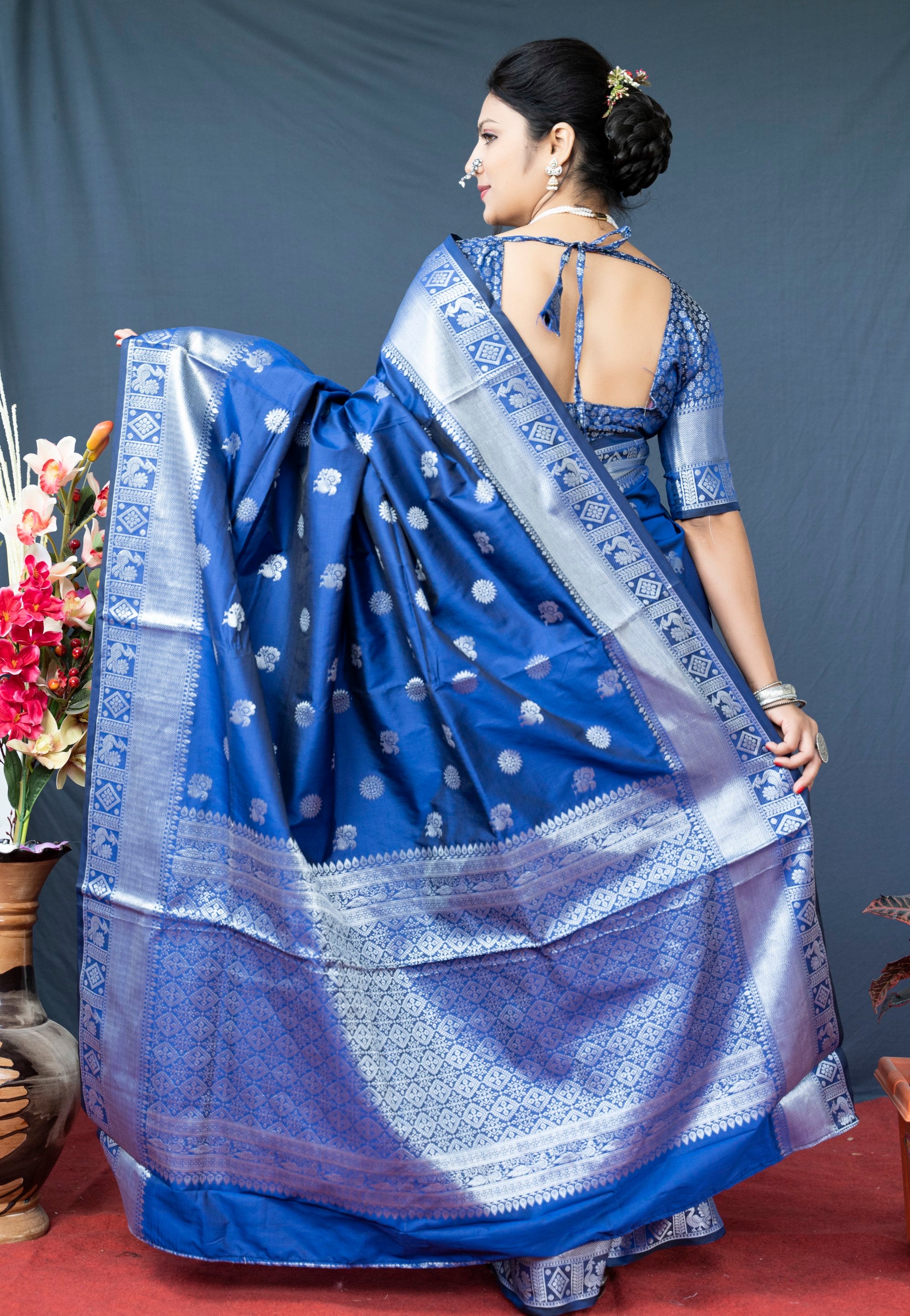 Royal Blue Lichi Soft Silk Banarasi Saree With Silver Zari Weaving