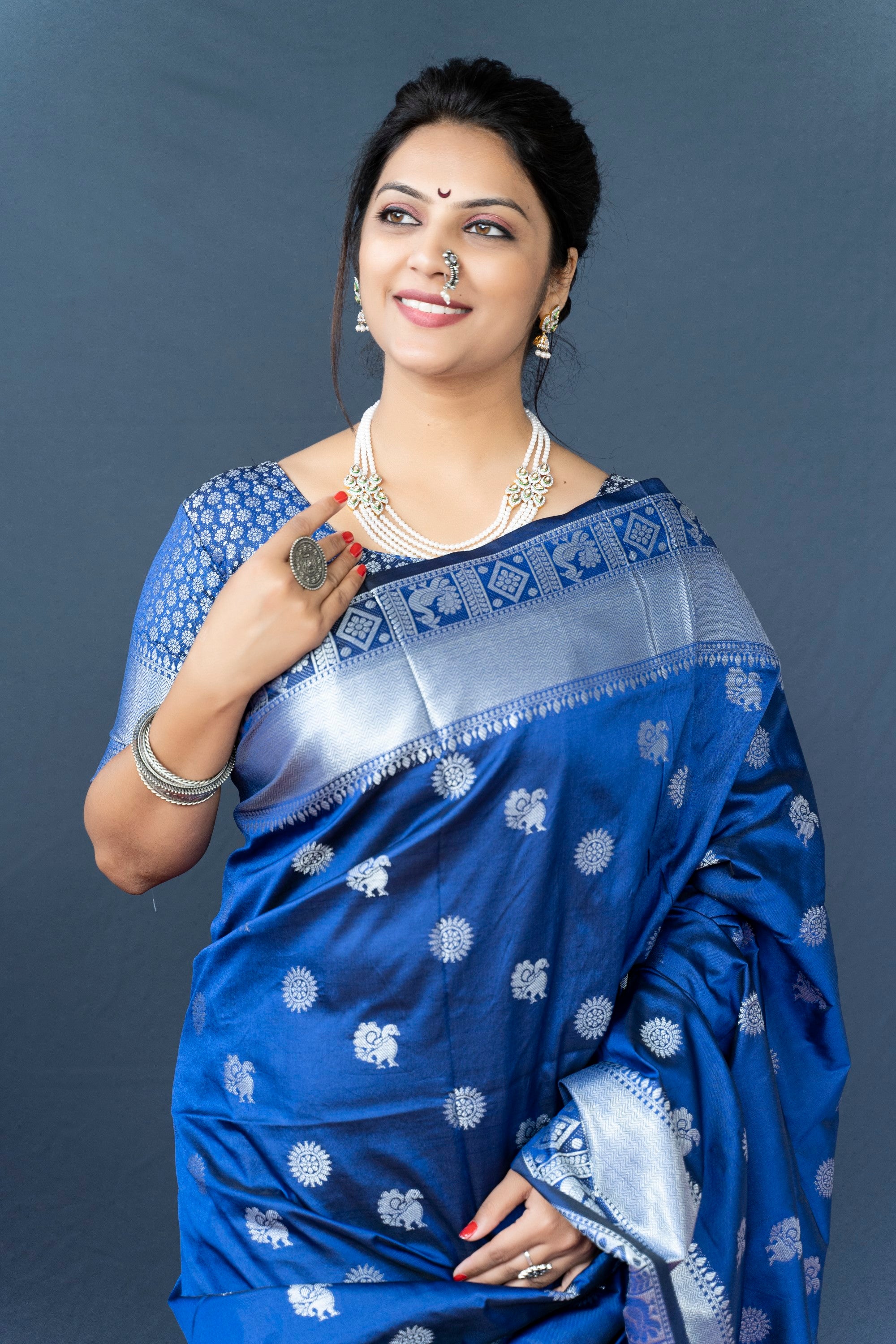 Royal Blue Lichi Soft Silk Banarasi Saree With Silver Zari Weaving