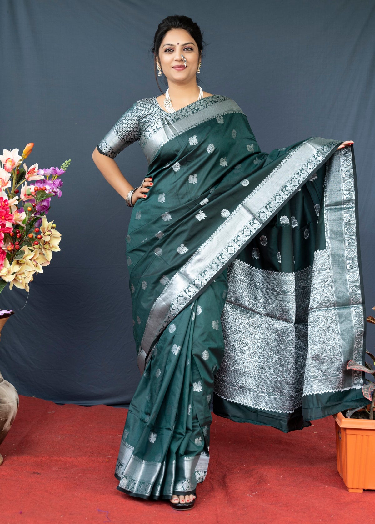 Green Lichi Soft Silk Banarasi Saree With Silver Zari Weaving