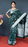 Green Lichi Soft Silk Banarasi Saree With Silver Zari Weaving