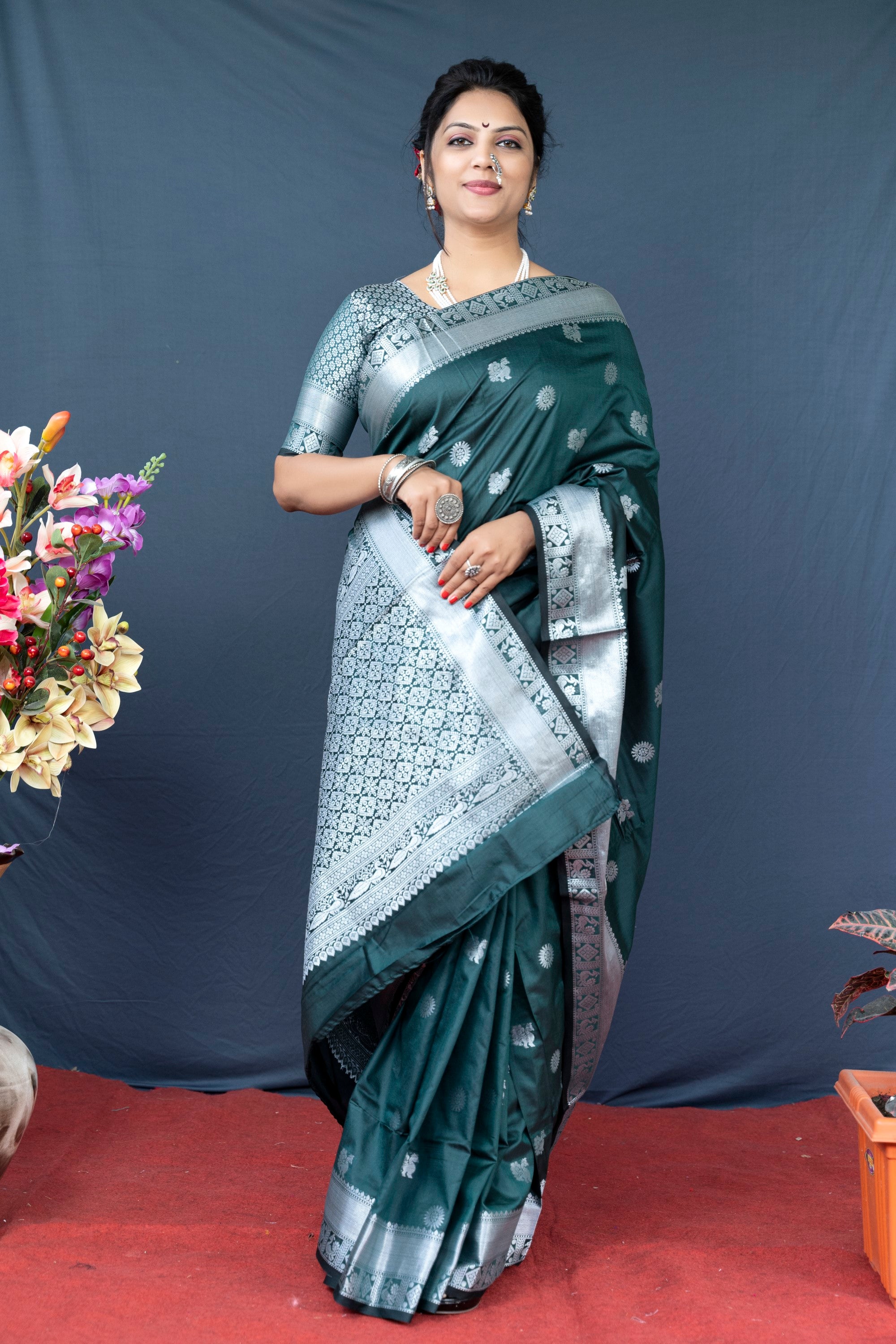 Green Lichi Soft Silk Banarasi Saree With Silver Zari Weaving