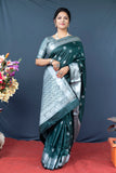 Green Lichi Soft Silk Banarasi Saree With Silver Zari Weaving