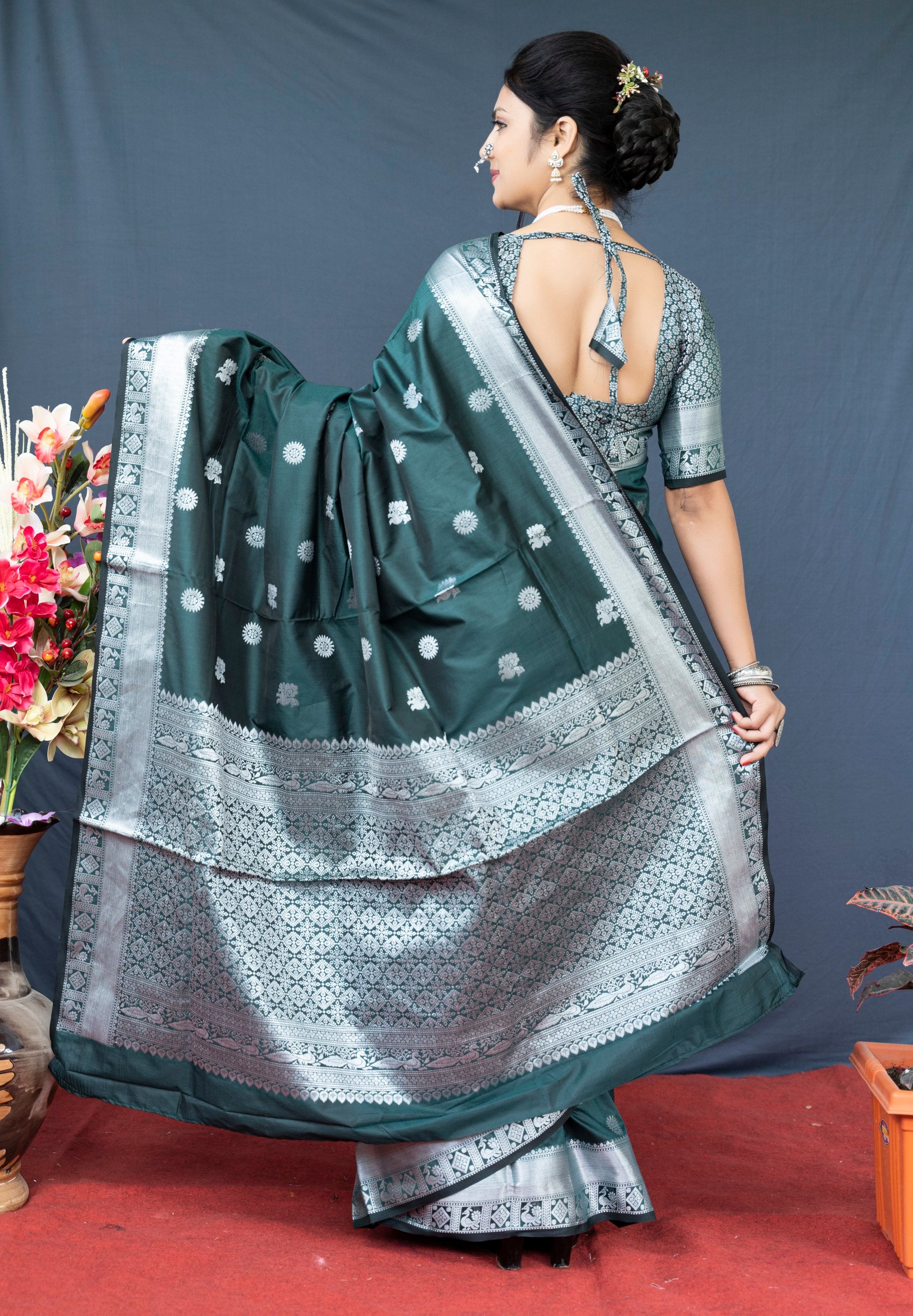 Green Lichi Soft Silk Banarasi Saree With Silver Zari Weaving