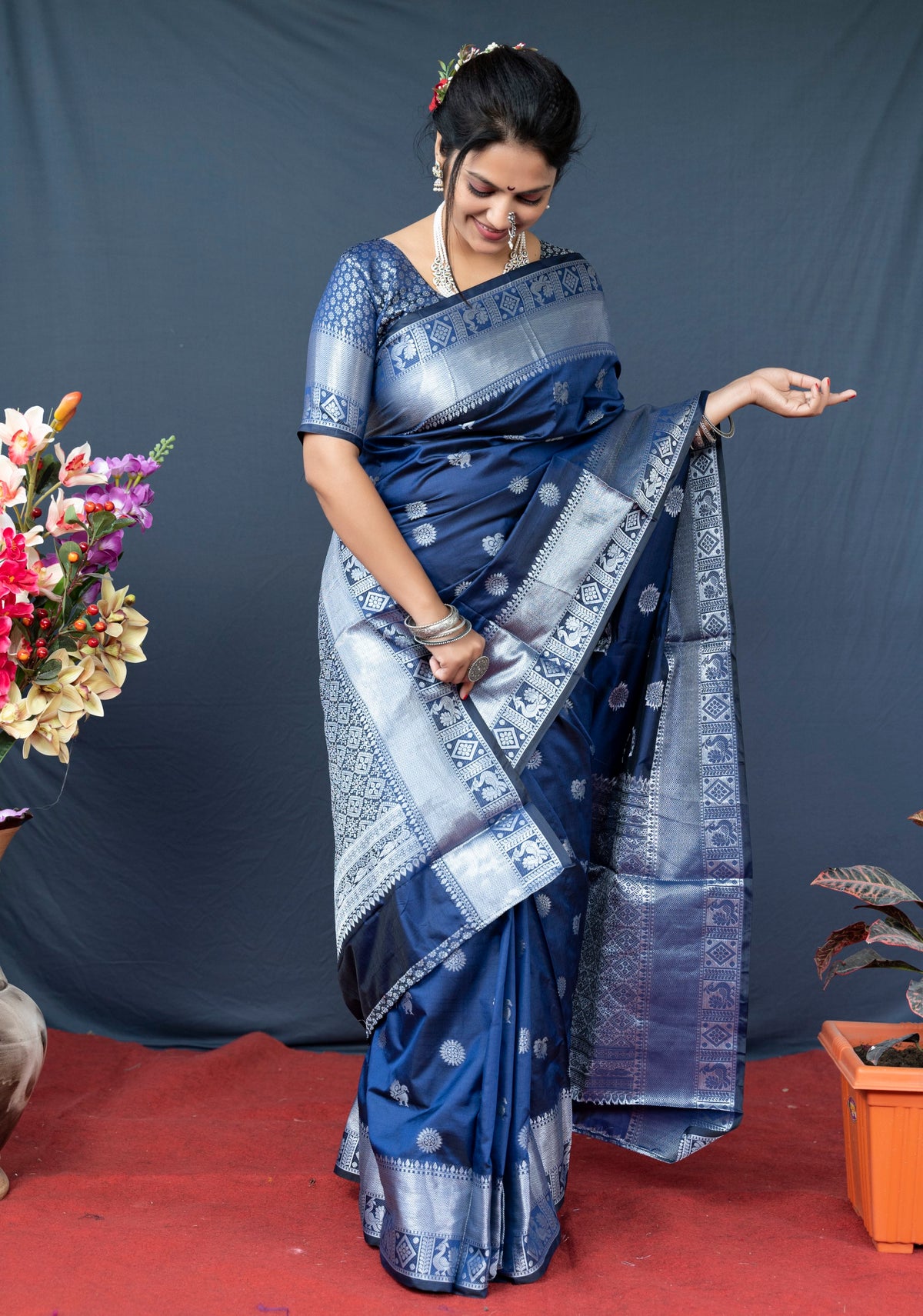 Navy Blue Lichi Soft Silk Banarasi Saree With Silver Zari Weaving