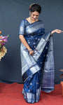 Navy Blue Lichi Soft Silk Banarasi Saree With Silver Zari Weaving