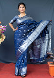 Navy Blue Lichi Soft Silk Banarasi Saree With Silver Zari Weaving