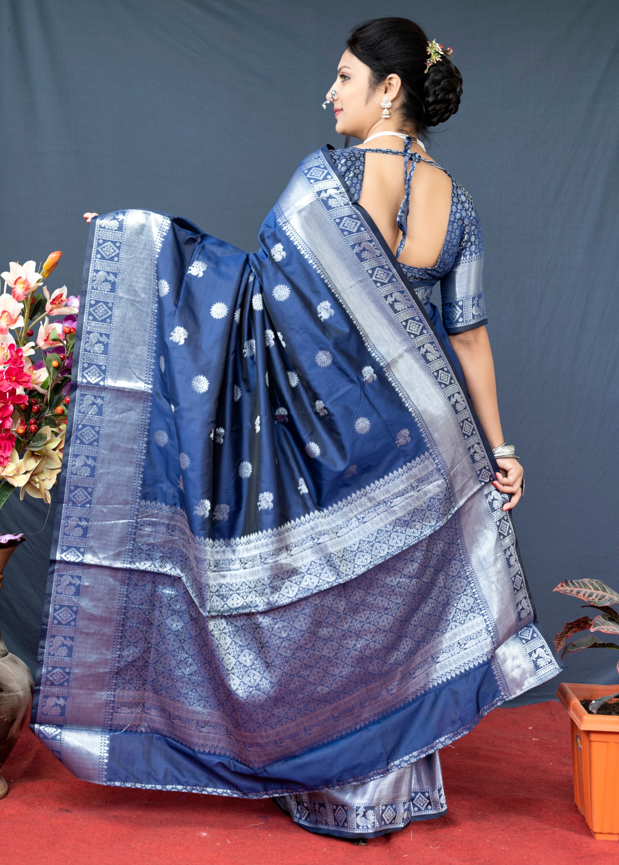 Navy Blue Lichi Soft Silk Banarasi Saree With Silver Zari Weaving