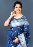 Navy Blue Lichi Soft Silk Banarasi Saree With Silver Zari Weaving