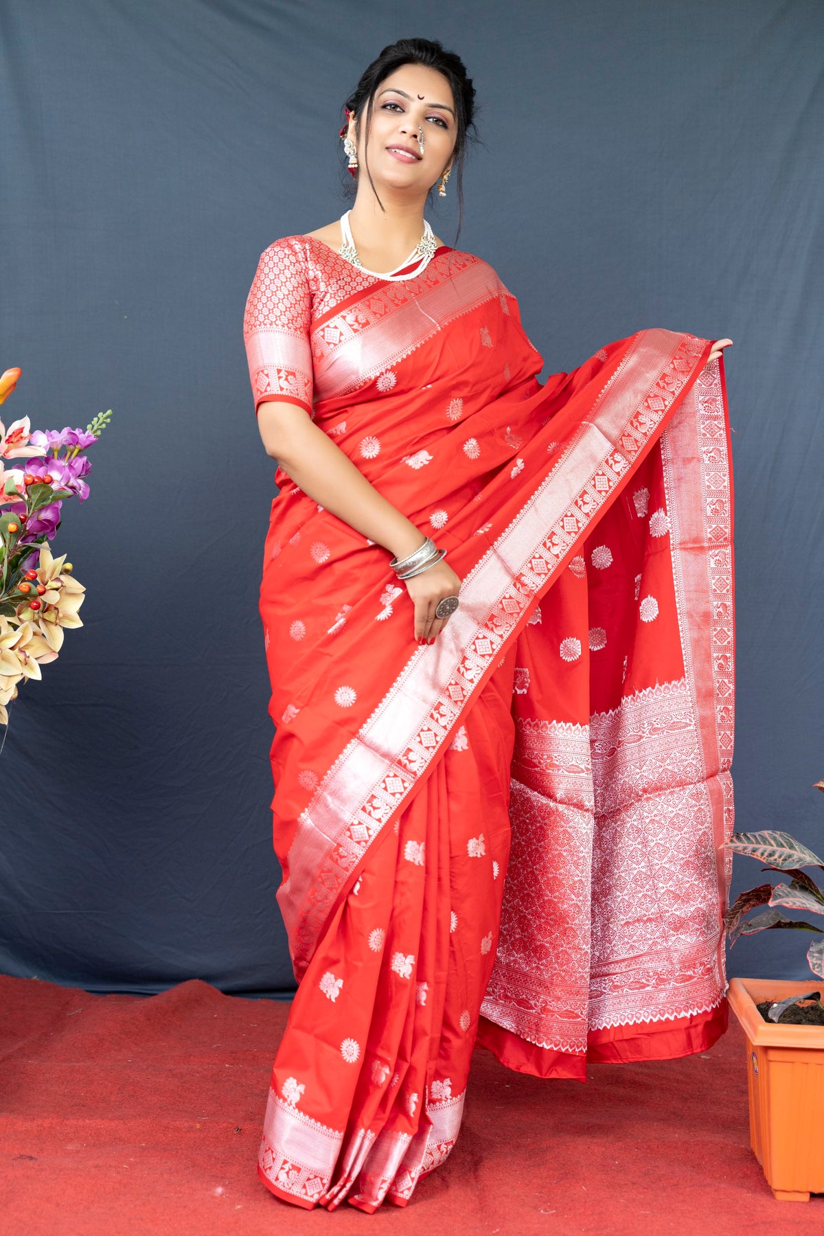 Red Lichi Soft Silk Banarasi Saree With Silver Zari Weaving