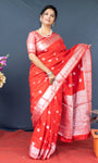 Red Lichi Soft Silk Banarasi Saree With Silver Zari Weaving