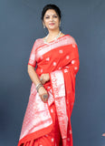 Red Lichi Soft Silk Banarasi Saree With Silver Zari Weaving