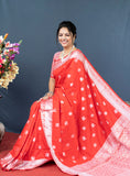 Red Lichi Soft Silk Banarasi Saree With Silver Zari Weaving