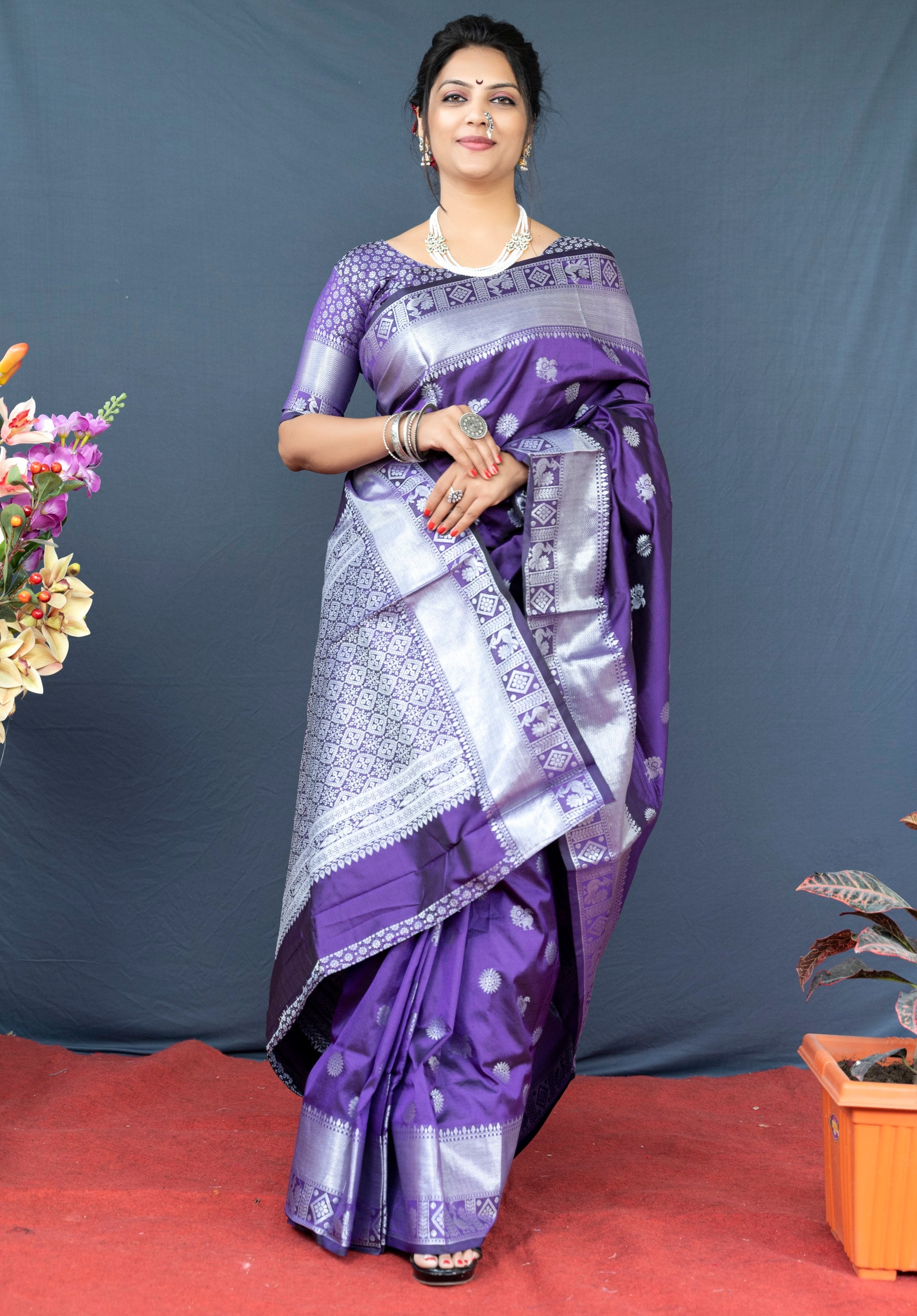 Purple Lichi Soft Silk Banarasi Saree With Silver Zari Weaving