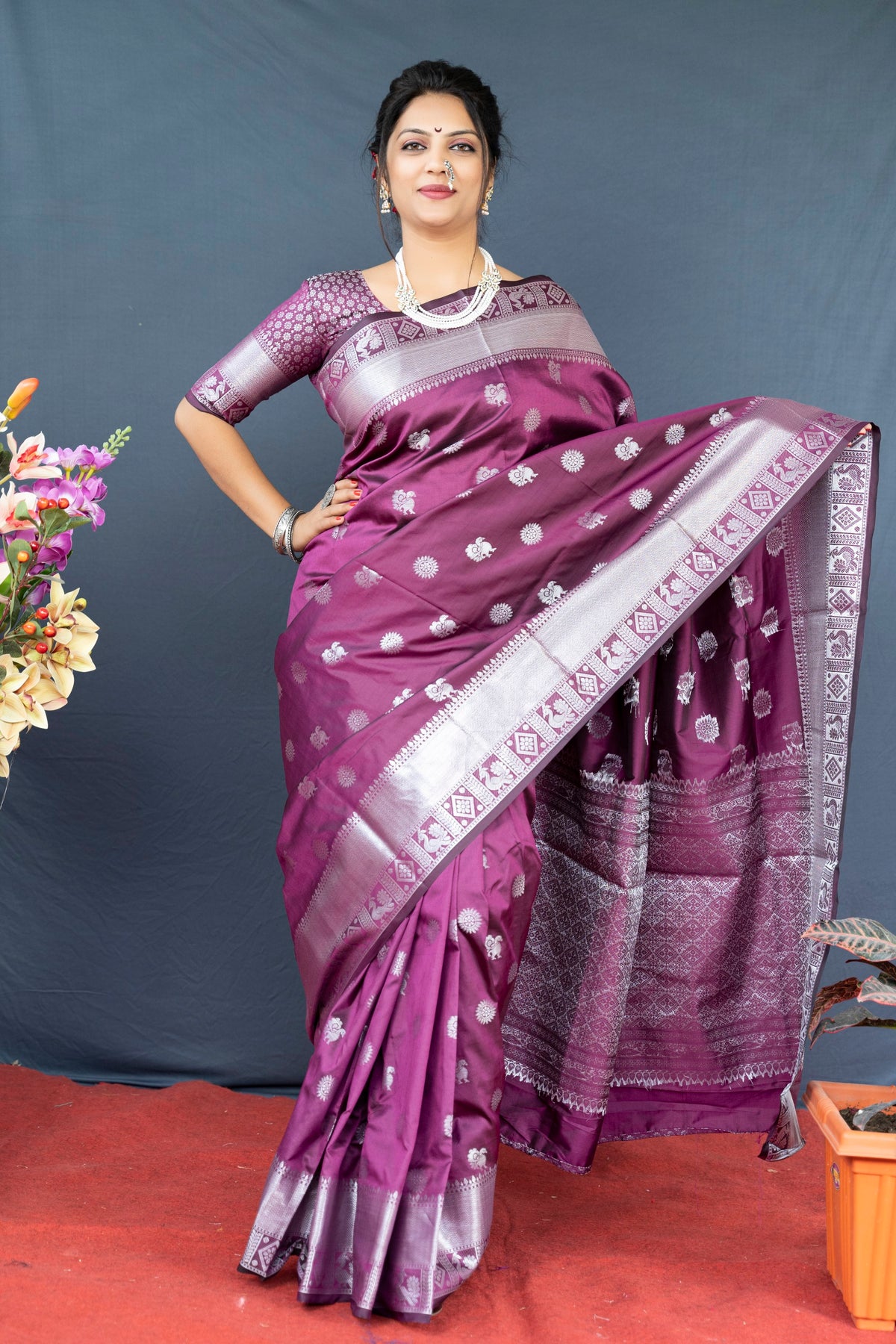 Wine Lichi Soft Silk Banarasi Saree With Silver Zari Weaving