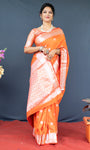 Orange Lichi Soft Silk Banarasi Saree With Silver Zari Weaving