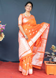 Orange Lichi Soft Silk Banarasi Saree With Silver Zari Weaving