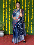 Navy Blue Pure Lichi Silk Banarasi Saree With Silver Zari Weaving