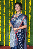 Navy Blue Pure Lichi Silk Banarasi Saree With Silver Zari Weaving