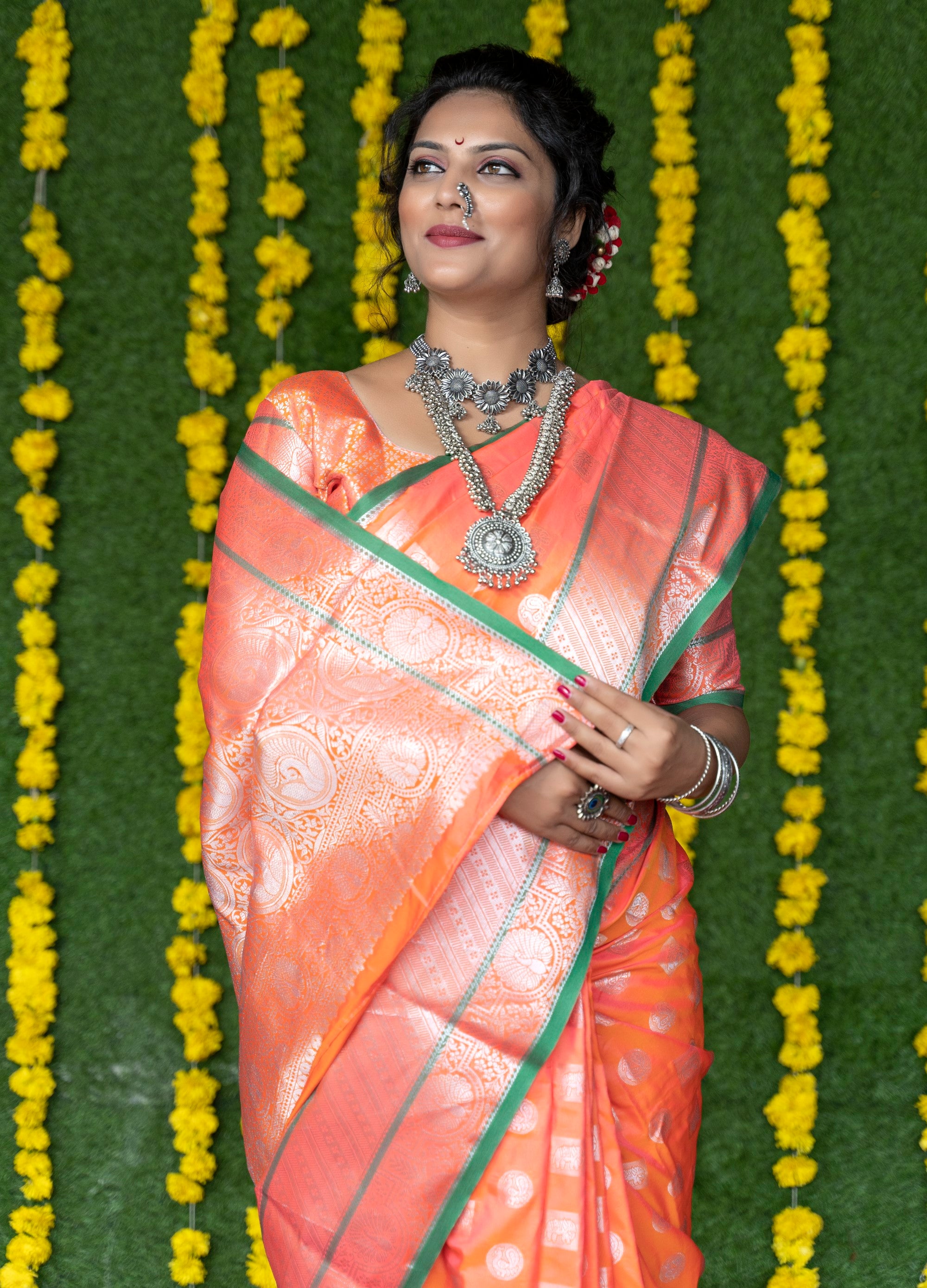 Orange Pure Lichi Silk Banarasi Saree With Silver Zari Weaving