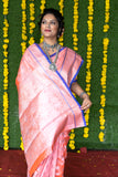 Peach Pure Lichi Silk Banarasi Saree With Silver Zari Weaving