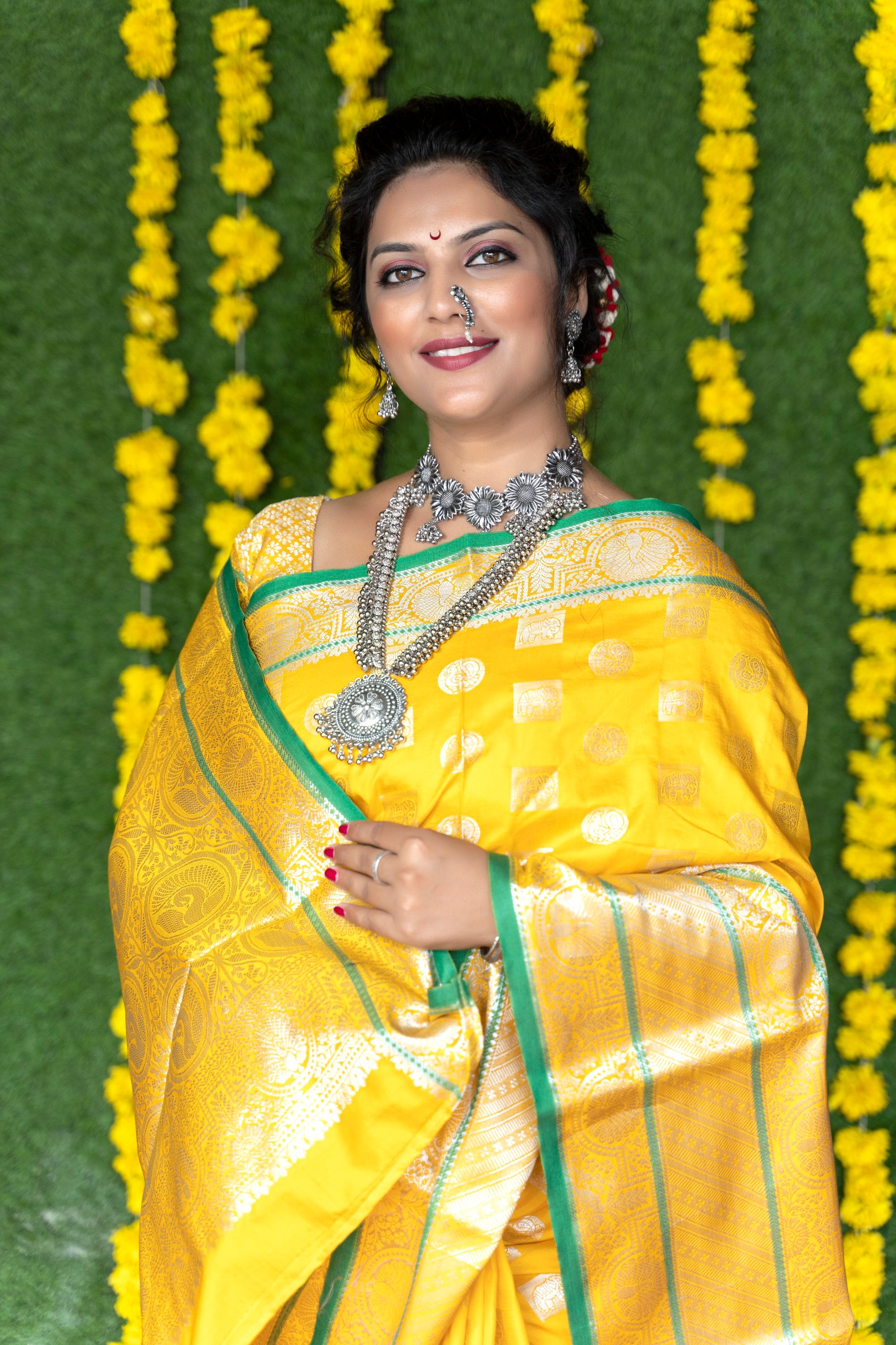 Yellow Pure Lichi Silk Banarasi Saree With Silver Zari Weaving