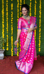 Pink Pure Lichi Silk Banarasi Saree With Silver Zari Weaving