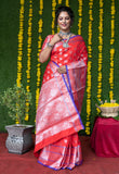 Red Pure Lichi Silk Banarasi Saree With Silver Zari Weaving