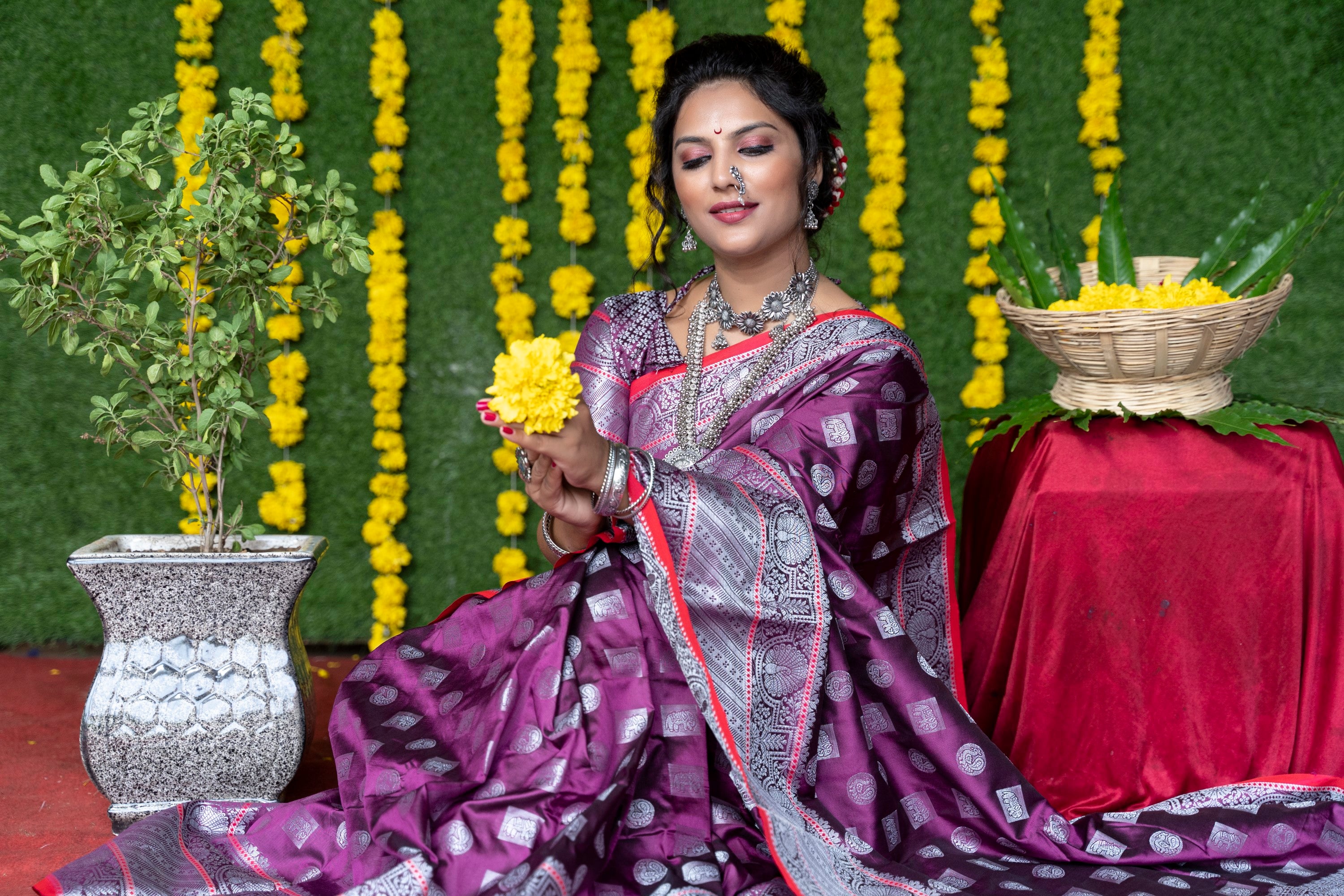 Purple Pure Lichi Silk Banarasi Saree With Silver Zari Weaving