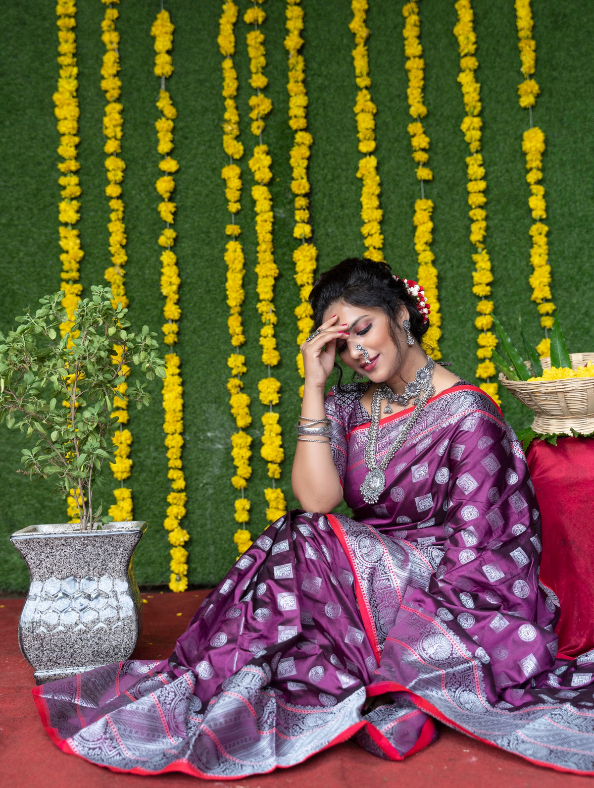 Purple Pure Lichi Silk Banarasi Saree With Silver Zari Weaving