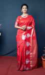 Red Handloom Linen Silk Saree With Silver Zari Weaving