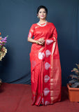 Red Handloom Linen Silk Saree With Silver Zari Weaving