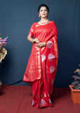 Red Handloom Linen Silk Saree With Silver Zari Weaving