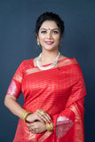 Red Handloom Linen Silk Saree With Silver Zari Weaving