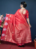 Red Handloom Linen Silk Saree With Silver Zari Weaving