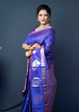 Royal Blue Handloom Linen Silk Saree With Silver Zari Weaving