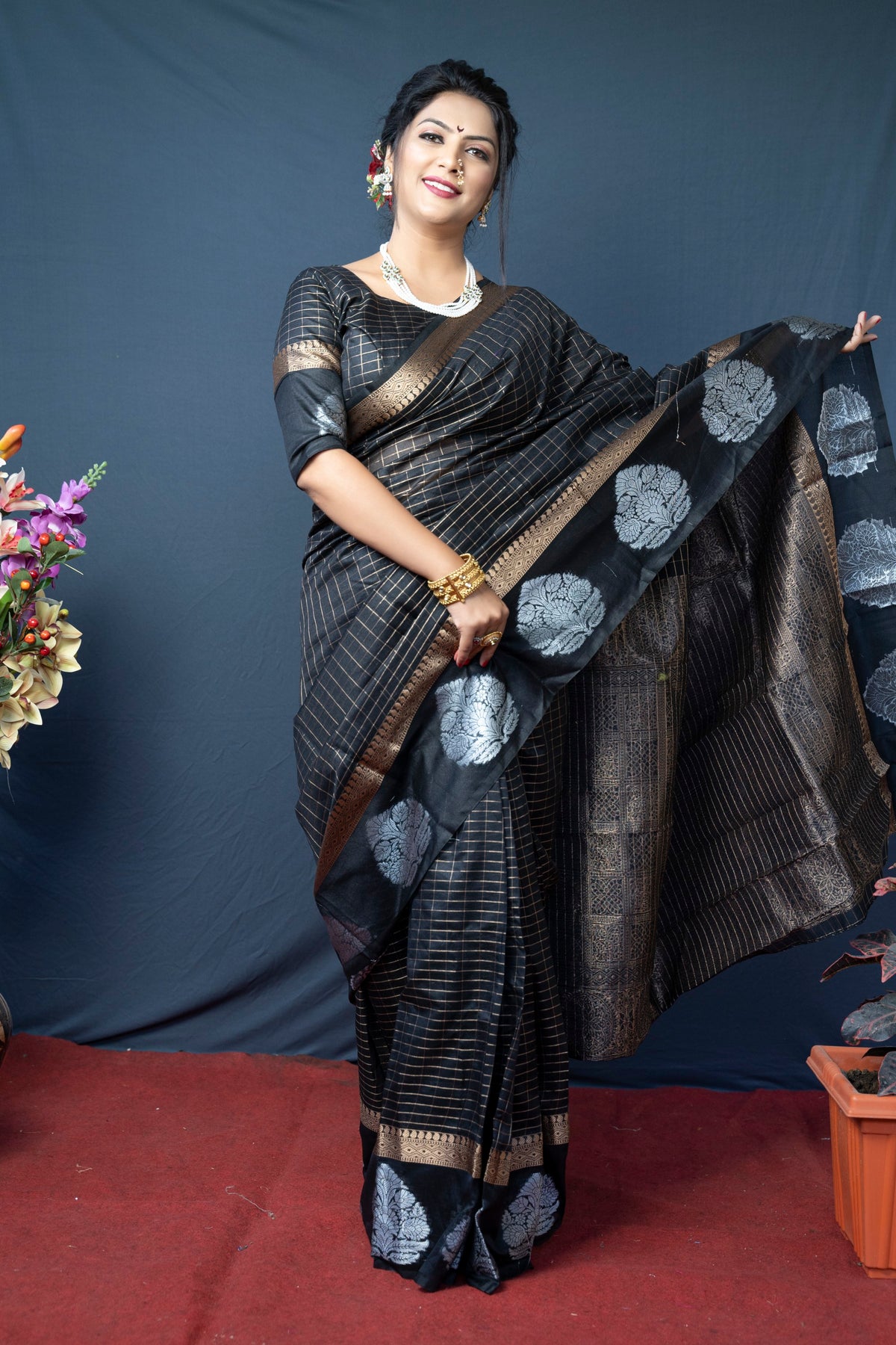 Black Handloom Linen Silk Saree With Silver Zari Weaving